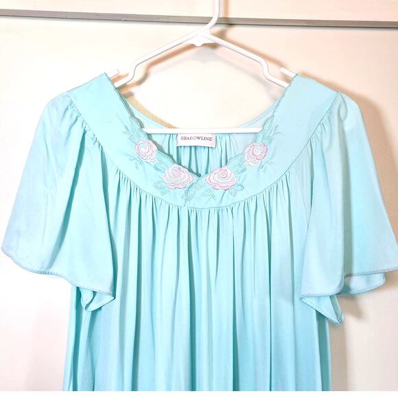 Womens Vintage Shadowline Blue w/ Pink Roses All Nylon Full Length Nightgown M - Picture 2 of 8